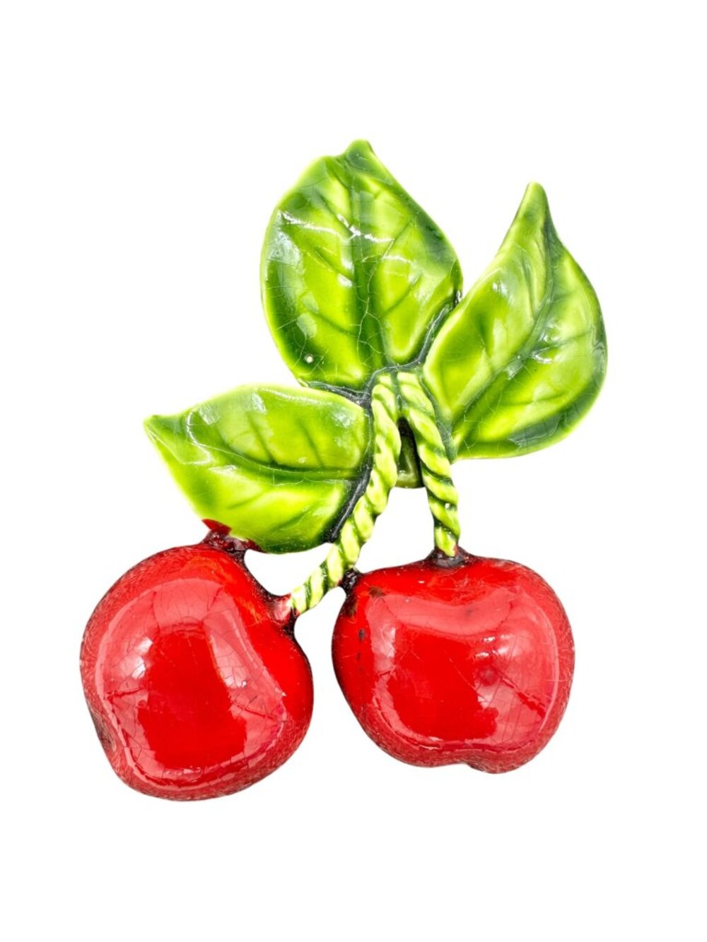 Vintage Vibrant Enamel Cherry Brooch Pin With Green Leaves Retro Fruit Jewelry